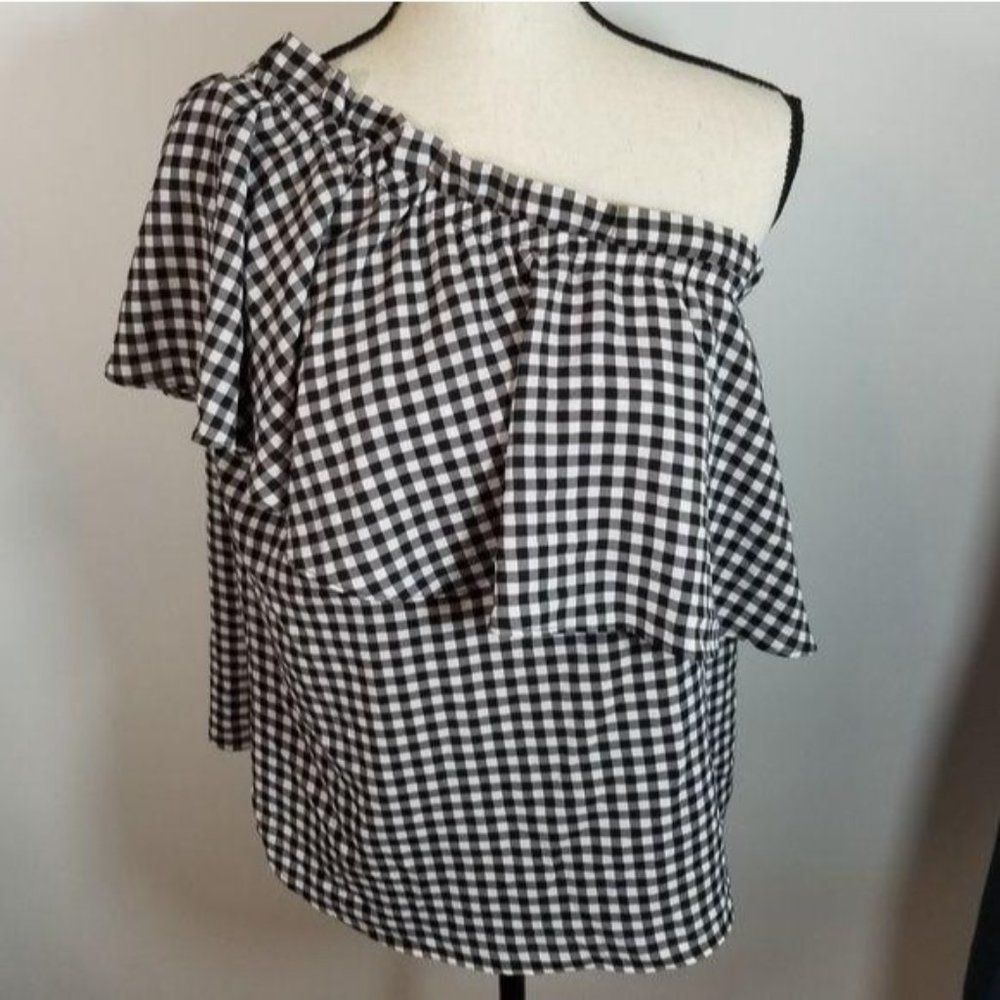 BP Blouse S Plaid Black White Ruffle One Shoulder